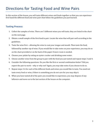   	
   	
   3	
  
Directions	
  for	
  Tasting	
  Food	
  and	
  Wine	
  Pairs	
  
In	
  this	
  section	
  of	
  the	
  lesson,	
  you	
  will	
  taste	
  different	
  wines	
  and	
  foods	
  together	
  so	
  that	
  you	
  can	
  experience	
  
first	
  hand	
  the	
  different	
  food	
  and	
  wine	
  pairs	
  that	
  follow	
  the	
  guidelines	
  you	
  just	
  learned.	
  
	
  
Tasting	
  Process:	
  
	
  
1. Collect	
  the	
  samples	
  of	
  wine.	
  There	
  are	
  5	
  different	
  wines	
  you	
  will	
  taste;	
  they	
  are	
  listed	
  in	
  the	
  chart	
  
on	
  the	
  next	
  page.	
  
2. Obtain	
  a	
  small	
  sample	
  of	
  the	
  first	
  food	
  to	
  pair.	
  Locate	
  the	
  wine	
  that	
  will	
  pair	
  well	
  according	
  to	
  the	
  
guidelines.	
  
3. Taste	
  the	
  wine	
  first	
  –	
  allowing	
  the	
  wine	
  to	
  coat	
  your	
  tongue	
  and	
  mouth.	
  Then	
  taste	
  the	
  food,	
  
followed	
  by	
  another	
  sip	
  of	
  wine.	
  If	
  you	
  would	
  like	
  to	
  take	
  notes	
  on	
  your	
  experience,	
  you	
  may	
  do	
  so	
  
on	
  the	
  chart	
  provided	
  or	
  on	
  the	
  back	
  of	
  the	
  paper	
  if	
  more	
  room	
  is	
  needed.	
  
4. Cleanse	
  your	
  palate	
  by	
  eating	
  an	
  oyster	
  cracker	
  and	
  drinking	
  some	
  water.	
  	
  
5. Choose	
  another	
  wine	
  from	
  the	
  group	
  to	
  pair	
  with	
  the	
  food	
  you	
  just	
  tasted	
  and	
  repeat	
  steps	
  3	
  and	
  4.	
  	
  
6. Consider	
  the	
  following	
  questions:	
  Do	
  you	
  like	
  the	
  first	
  or	
  second	
  combination	
  better?	
  Did	
  you	
  
expect	
  the	
  pair	
  to	
  work	
  –	
  why	
  or	
  why	
  not?	
  Again,	
  you	
  may	
  take	
  notes	
  if	
  you	
  choose	
  to	
  do	
  so.	
  
7. Repeat	
  steps	
  3-­‐6	
  for	
  each	
  of	
  the	
  different	
  foods	
  and	
  wines	
  you	
  would	
  like	
  to	
  taste.	
  You	
  need	
  not	
  
taste	
  every	
  food	
  or	
  wine,	
  if	
  there	
  is	
  something	
  you	
  do	
  not	
  care	
  for	
  you	
  may	
  skip	
  it.	
  
8. When	
  you	
  have	
  tasted	
  all	
  of	
  the	
  pairs	
  you	
  would	
  like	
  to	
  experience,	
  you	
  may	
  dispose	
  of	
  any	
  
leftovers	
  and	
  move	
  on	
  to	
  the	
  last	
  section	
  of	
  the	
  lesson	
  on	
  the	
  computer.	
  
	
  
	
  
	
  
	
  
	
  
	
  
	
  
	
  
	
  
	
  
	
  
	
  
	
  
	
  
	
  
 
