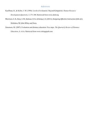 References	
  
	
  
Kauffman, R., & Keller, J. M. (1994). Levels of evaluation: Beyond Kirkpatrick. Human Resource
Development Quarterly, 5, 371-380. Retrieved from www.ahrd.org
Morrison,	
  G.	
  R.,	
  Ross,	
  S.	
  M.,	
  Kalman,	
  H.	
  K.,	
  &	
  Kemp,	
  J.	
  E.	
  (2011).	
  Designing	
  Effective	
  Instruction	
  (6th	
  ed.).	
  
	
  
Hoboken,	
  NJ:	
  John	
  Wiley	
  and	
  Sons.	
  
	
  
Simonson, M. (2007). Evaluation and distance education: Five steps. The Quarterly Review of Distance
Education, 8, vii-ix. Retrieved from www.infoagepub.com
	
  
	
  
	
  
	
  
 