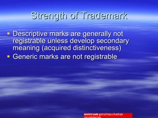 Strength of Trademark Descriptive marks are generally not registrable unless develop secondary meaning (acquired distinctiveness) Generic marks are not registrable 