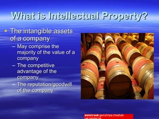 What is Intellectual Property? The intangible assets of a company May comprise the majority of the value of a company The competitive advantage of the company The reputation/goodwill of the company 