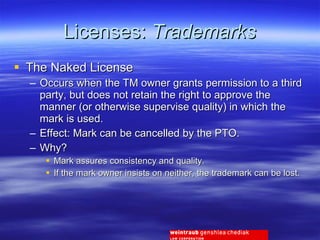 Licenses:  Trademarks The Naked License Occurs when the TM owner grants permission to a third party, but does not retain the right to approve the manner (or otherwise supervise quality) in which the mark is used. Effect: Mark can be cancelled by the PTO.  Why?  Mark assures consistency and quality.  If the mark owner insists on neither, the trademark can be lost. 