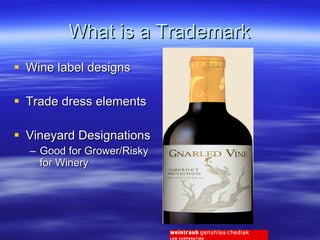 What is a Trademark Wine label designs Trade dress elements Vineyard Designations Good for Grower/Risky for Winery 