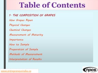 www.entrepreneurindia.co
Table of Contents
1. THE COMPOSITION OF GRAPES
How Grapes Ripen
Physical Changes
Chemical Changes
Measurement of Maturity
Importance
How to Sample
Preparation of Sample
Methods of Measurement
Interpretation of Results
 