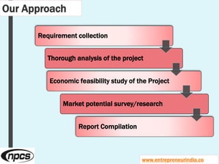 Our Approach
Requirement collection
Thorough analysis of the project
Economic feasibility study of the Project
Market potential survey/research
Report Compilation
www.entrepreneurindia.co
 