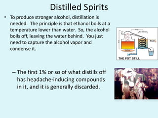 Distilled Spirits
• To produce stronger alcohol, distillation is
needed. The principle is that ethanol boils at a
temperature lower than water. So, the alcohol
boils off, leaving the water behind. You just
need to capture the alcohol vapor and
condense it.
– The first 1% or so of what distills off
has headache-inducing compounds
in it, and it is generally discarded.
 