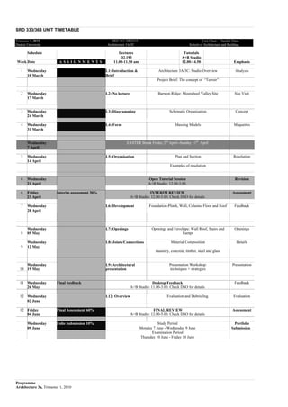 Programme
Architecture 3a, Trimester 1, 2010
SRD 333/363 UNIT TIMETABLE
Trimester 1, 2010 SRD 363 /SRD333 Unit Chair: Sambit Datta
Deakin University Architecture 3A/3C School of Architecture and Building
Schedule Lectures
D2.193
Tutorials
A+B Studio
Week Date A S S I G N M E N T S 11.00-11.50 am 12.00-14.50 Emphasis
1 Wednesday
10 March
L1: Introduction &
Brief
Architecture 3A/3C: Studio Overview Analysis
Project Brief: The concept of “Terroir”
2 Wednesday
17 March
L2: No lecture Barwon Ridge: Moorabool Valley Site Site Visit
3 Wednesday
24 March
L3: Diagramming Schematic Organisation Concept
4 Wednesday
31 March
L4: Form Massing Models Maquettes
Wednesday
7 April
EASTER Break Friday 2nd
April--Sunday 11th
April
5 Wednesday
14 April
L5: Organisation Plan and Section Resolution
Examples of resolution
6 Wednesday
21 April
Open Tutorial Session
A+B Studio: 12.00-3.00.
Revision
6 Friday
23 April
Interim assessment 30% INTERIM REVIEW
A+B Studio: 12.00-5.00. Check DSO for details
Assessment
7 Wednesday
28 April
L6: Development Foundation-Plinth, Wall, Column, Floor and Roof Feedback
8
Wednesday
05 May
L7: Openings Openings and Envelope: Wall Roof, Stairs and
Ramps
Openings
9
Wednesday
12 May
L8: Joints/Connections Material Composition Details
masonry, concrete, timber, steel and glass
10
Wednesday
19 May
L9: Architectural
presentation
Presentation Workshop:
techniques + strategies
Presentation
11 Wednesday
26 May
Final feedback Desktop Feedback
A+B Studio: 11.00-3.00. Check DSO for details
Feedback
12 Wednesday
02 June
L12: Overview Evaluation and Debriefing. Evaluation
12 Friday
04 June
Final Assessment 60% FINAL REVIEW
A+B Studio: 12.00-5.00. Check DSO for details
Assessment
Wednesday
09 June
Folio Submission 10% Study Period
Monday 7 June - Wednesday 9 June
Portfolio
Submission
Examination Period
Thursday 10 June - Friday 18 June
 