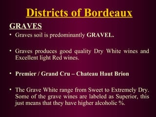 Districts of Bordeaux 
GRAVES 
• Graves soil is predominantly GRAVEL. 
• Graves produces good quality Dry White wines and 
Excellent light Red wines. 
• Premier / Grand Cru – Chateau Haut Brion 
• The Grave White range from Sweet to Extremely Dry. 
Some of the grave wines are labeled as Superior, this 
just means that they have higher alcoholic %. 
 