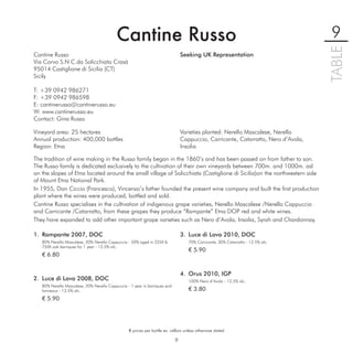Cantine Russo                                                                           9




                                                                                                                                   TABLE
Cantine Russo                                                                   Seeking UK Representation
Via Corvo S.N C.da Solicchiata Crasà
95014 Castiglione di Sicilia (CT)
Sicily

T: +39 0942 986271
F: +39 0942 986598
E: cantinerusso@cantinerusso.eu
W: www.cantinerusso.eu
Contact: Gina Russo

Vineyard area: 25 hectares                                                      Varieties planted: Nerello Mascalese, Nerello
Annual production: 400,000 bottles                                              Cappuccio, Carricante, Catarratto, Nero d’Avola,
Region: Etna                                                                    Insolia

The tradition of wine making in the Russo family began in the 1860’s and has been passed on from father to son.
The Russo family is dedicated exclusively to the cultivation of their own vineyards between 700m. and 1000m. asl
on the slopes of Etna located around the small village of Solicchiata (Castiglione di Sicilia)on the northwestern side
of Mount Etna National Park.
In 1955, Don Ciccio (Francesco), Vincenzo’s father founded the present wine company and built the ﬁrst production
plant where the wines were produced, bottled and sold.
Cantine Russo specialises in the cultivation of indigenous grape varieties, Nerello Mascalese /Nerello Cappuccio
and Carricante /Catarratto, from these grapes they produce “Rampante” Etna DOP red and white wines.
They have expanded to add other important grape varieties such as Nero d’Avola, Insolia, Syrah and Chardonnay.

1. Rampante 2007, DOC                                                           3. Luce di Lava 2010, DOC
   80% Nerello Mascalese, 20% Nerello Cappuccio - 50% aged in 225lt &              70% Carricante, 30% Catarratto - 12.5% alc.
   750lt oak barriques for 1 year - 13.5% alc.
                                                                                   € 5.90
   € 6.80


                                                                                4. Orus 2010, IGP
2. Luce di Lava 2008, DOC                                                          100% Nero d’Avola - 12.5% alc.
   80% Nerello Mascalese, 20% Nerello Cappuccio - 1 year in barriques and
   tonneaux - 13.5% alc.                                                           € 3.80
   € 5.90




                                                 € prices per bottle ex. cellars unless otherwise stated

                                                                            9
 