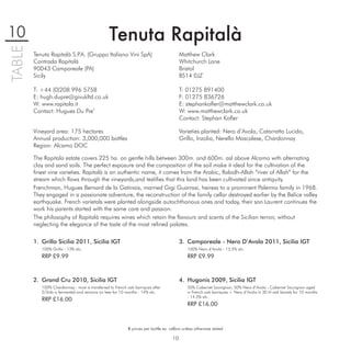 10                                               Tenuta Rapitalà
TABLE

        Tenuta Rapitalà S.P (Gruppo Italiano Vini SpA)
                           .A.                                                           Matthew Clark
        Contrada Rapitalà                                                                Whitchurch Lane
        90043 Camporeale (PA)                                                            Bristol
        Sicily                                                                           BS14 0JZ

        T: +44 (0)208 996 5758                                                           T: 01275 891400
        E: hugh.dupre@givukltd.co.uk                                                     F: 01275 836726
        W: www.rapitala.it                                                               E: stephankoﬂer@matthewclark.co.uk
        Contact: Hugues Du Pre’                                                          W: www.matthewclark.co.uk
                                                                                         Contact: Stephan Koﬂer

        Vineyard area: 175 hectares                                                      Varieties planted: Nero d’Avola, Catarratto Lucido,
        Annual production: 3,000,000 bottles                                             Grillo, Inzolia, Nerello Mascalese, Chardonnay
        Region: Alcamo DOC

        The Rapitala estate covers 225 ha. on gentle hills between 300m. and 600m. asl above Alcamo with alternating
        clay and sand soils. The perfect exposure and the composition of the soil make it ideal for the cultivation of the
        ﬁnest vine varieties. Rapitalà is an authentic name, it comes from the Arabic, Rabidh-Allah “river of Allah” for the
        stream which ﬂows through the vineyards,and testiﬁes that this land has been cultivated since antiquity.
        Frenchman, Hugues Bernard de la Gatinais, married Gigi Guarrasi, heiress to a prominent Palermo family in 1968.
        They engaged in a passionate adventure, the reconstruction of the family cellar destroyed earlier by the Belice valley
        earthquake. French varietals were planted alongside autochthonous ones and today, their son Laurent continues the
        work his parents started with the same care and passion.
        The philosophy of Rapitalà requires wines which retain the ﬂavours and scents of the Sicilian terroir, without
        neglecting the elegance of the taste of the most reﬁned palates.

        1. Grillo Sicilia 2011, Sicilia IGT                                              3. Camporeale - Nero D’Avola 2011, Sicilia IGT
           100% Grillo - 13% alc.                                                            100% Nero d’Avola - 13.5% alc.
           RRP £9.99                                                                         RRP £9.99



        2. Grand Cru 2010, Sicilia IGT                                                   4. Hugonis 2009, Sicilia IGT
           100% Chardonnay - must is transferred to French oak barriques after               50% Cabernet Sauvignon, 50% Nero d’Avola - Cabernet Sauvignon aged
           2/3rds is fermented and remains on lees for 10 months - 14% alc.                  in French oak barriques + Nero d’Avola in 30 hl oak barrels for 10 months
                                                                                             - 14.5% alc.
           RRP £16.00
                                                                                             RRP £16.00



                                                           € prices per bottle ex. cellars unless otherwise stated

                                                                                    10
 