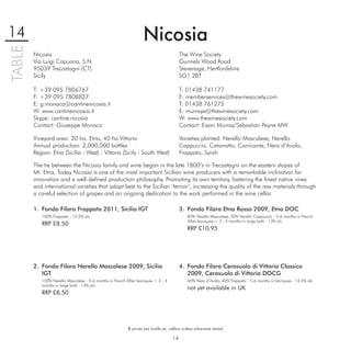 14                                                                 Nicosia
TABLE

        Nicosia                                                                          The Wine Society
        Via Luigi Capuana, S.N.                                                          Gunnels Wood Road
        95039 Trecastagni (CT)                                                           Stevenage, Hertfordshire
        Sicily                                                                           SG1 2BT

        T: +39 095 7806767                                                               T: 01438 741177
        F: +39 095 7808837                                                               E: memberservices@thewinesociety.com
        E: g.monaco@cantinenicosia.it                                                    T: 01438 761275
        W: www.cantinenicosia.it                                                         E: murraye@thewinesociety.com
        Skype: cantine.nicosia                                                           W: www.thewinesociety.com
        Contact: Giuseppe Monaco                                                         Contact: Ewan Murray/Sebastian Payne MW

        Vineyard area: 20 ha. Etna, 40 ha.Vittoria                                       Varieties planted: Nerello Mascalese, Nerello
        Annual production: 2,000,000 bottles                                             Cappuccio, Catarratto, Carricante, Nero d’Avola,
        Region: Etna (Sicilia - West) - Vittoria (Sicily - South West)                   Frappato, Syrah

        The tie between the Nicosia family and wine began in the late 1800’s in Trecastagni on the eastern slopes of
        Mt. Etna. Today Nicosia is one of the most important Sicilian wine producers with a remarkable inclination for
        innovation and a well-deﬁned production philosophy. Promoting its own territory, fostering the ﬁnest native vines
        and international varieties that adapt best to the Sicilian ‘terroir’, increasing the quality of the raw materials through
        a careful selection of grapes and an ongoing dedication to the work performed in the wine cellar.

        1. Fondo Filara Frappato 2011, Sicilia IGT                                       3. Fondo Filara Etna Rosso 2009, Etna DOC
           100% Frappato - 12.5% alc.                                                        80% Nerello Mascalese, 20% Nerello Cappuccio - 5-6 months in French
                                                                                             Allier barriques + 3 - 4 months in large botti - 13% alc.
           RRP £8.50
                                                                                             RRP £10.95




        2. Fondo Filara Nerello Mascalese 2009, Sicilia                                  4. Fondo Filara Cerasuolo di Vittoria Classico
           IGT                                                                              2009, Cerasuolo di Vittoria DOCG
           100% Nerello Mascalese - 5-6 months in French Allier barriques + 3 - 4            60% Nero d’Avola, 40% Frappato - 5-6 months in barriques - 13.5% alc.
           months in large botti - 13% alc.
                                                                                             not yet available in UK
           RRP £8.50




                                                           € prices per bottle ex. cellars unless otherwise stated

                                                                                    14
 