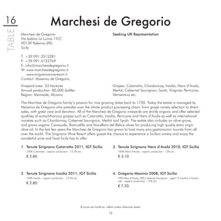 16                              Marchesi de Gregorio
TABLE

        Marchesi de Gregorio                                                              Seeking UK Representation
        Via Isidoro La Lumia 19/C
        90139 Palermo (PA)
        Sicily

        T: +39 091 2515281
        F: +39 091 6123769
        E: info@marchesidegregorio.it
        W: www.marchesidegregorio.it
            www.sirignanowineresort.it
        Contact: Massimo de Gregorio
        Vineyard area: 53 hectares                                                        Grapes: Catarratto, Chardonnay, Inzolia, Nero d’Avola,
        Annual production: 80,000 bottles                                                 Merlot, Cabernet Sauvignon, Syrah, Viognier, Perricone,
        Region: Monreale, Alcamo                                                          Vermentino etc.

        The Marchesi de Gregorio family’s passion for vine growing dates back to 1730. Today the estate is managed by
        Massimo de Gregorio who presides over the whole product processing chain, from grape variety selection to direct
        sales, with great care and devotion. All of the Marchesi de Gregorio vineyards are strictly organic and offer selected
        qualities of autochthonous grapes such as Catarratto, Inzolia, Perricone and Nero d’Avola as well as international
        varieties such as Chardonnay, Cabernet Sauvignon, Merlot and Syrah. The estate also includes an olive-grove,
        and grows organic Cerasuola, Biancolilla and Nocellara del Belice olives for producing high quality extra virgin
        olive oil. In the last few years the Marchesi de Gregorio has grown to host many eno-gastronomic tourists from all
        over the world. The Sirignano Wine Resort offers guests the chance to experience a Sicilian winery and enjoy the
        wonderful wine and food Sicily has to offer.

        1. Tenute Sirignano Catarratto 2011, IGT Sicilia                                  3. Tenute Sirignano Nero d’Avola 2010, IGT Sicilia
           100% Catarratto - organic production - 12.5% alc.                                  100% Nero d’Avola - organic production - 13% alc.

           € 2.80                                                                             € 3.10



        2. Tenute Sirignano Inzolia 2011, IGT Sicilia                                     4. Gregorio Maximo 2008, IGT Sicilia
           100% Inzolia - organic production - 12.5% alc.                                     70% Nero d’Avola, 30% Cabernet Sauvignon - aged 12 months in French
                                                                                              oak - organic production - 14% alc.
           € 2.80
                                                                                              € 7.20




                                                            € prices per bottle ex. cellars unless otherwise stated

                                                                                     16
 