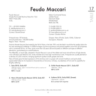 Feudo Maccari                                                                           17




                                                                                                                                TABLE
Feudo Maccari                                                                   Italian Continental Stores
Strada Provinciale Pachino-Noto Km 13,5                                         Jubilee House
96017 Noto (SR)                                                                 Denmark Street
Sicily                                                                          Maidenhead
                                                                                Berks SL6 7BL

T/F: +39 0931596894                                                             T: 01628 770110
E: dd@feudomaccari.it                                                           F: 01628 630513
W: www.feudomaccari.it                                                          E: gordon@italiancont.co.uk
Contact: Daniel Donati                                                          W: www.italiancont.co.uk
                                                                                Contact: Gordon Ritchie

Vineyard area: 50 hectares                                                      Grapes: Nero d’Avola, Syrah, Grillo, Cabernet
Annual production: 160,000 bottles                                              Sauvignon, Moscato
Region: Noto - Pachino
Antonio Moretti became fascinated by the Val di Noto in the late ‘90’s and decided it would be the perfect place for
his next oenological challenge. In 2000 he began his ﬁrst acquisitions and pieced together more than 50 properties
with a combined 50 ha. of vines, some more than 30 years old and located on different soil types at different
elevations, guaranteeing an overall balance.
The Alberello, or bush style, adopted in Feudo Maccari is one of the oldest and most natural forms of high-density
vine cultivation and ideal for hot, windy climates but it has high maintenance costs. Vineyards are usually planted at
a density of 5,555 vines/ha. bringing signiﬁcant quality to both grapes and wine.
Nero d’Avola gives the best expression of this territory and is a grape with ancient traditions and particularly
appreciated today for its impressive characteristics of structure, richness, roundedness of fruit and its capability for
lengthy cellaring.
1. Saia 2010, Sicily IGT                                                        3. Grillo Feudo Maccari 2011, Sicily IGT
   100% Nero d’Avola - aged in 1st & 2nd ﬁll French oak for a maximum of            100% Grillo - 13% alc.
   14 months - 14% alc.
                                                                                    RRP £ 8.99
   RRP £ 16.60



2. Nero d’Avola Feudo Maccari 2010, Sicily IGT                                  4. Sultana 2010, Sicily DOC (Sweet)
   100% Nero d’Avola - 14% alc.                                                     100% Moscato - 10.5% alc.

   RRP £ 8.99                                                                       €/£ contact UK importer




                                                  € prices per bottle ex. cellars unless otherwise stated

                                                                           17
 