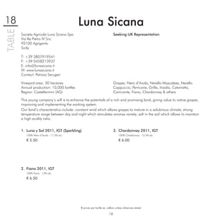 18                                          Luna Sicana
TABLE

        Societa Agricola Luna Sicana Spa                                    Seeking UK Representation
        Via Re Pietro IV Snc
        92100 Agrigento
        Sicily

        T: +39 3807919541
        F: +39 0458213937
        E: info@lunasicana.it
        W: www.lunasicana.it
        Contact: Patrizia Serugeri

        Vineyard area: 30 hectares                                          Grapes: Nero d’Avola, Nerello Mascalese, Nerello
        Annual production: 10,000 bottles                                   Cappuccio, Perricone, Grillo, Inzolia, Catarratto,
        Region: Casteltermini (AG)                                          Carricante, Fiano, Chardonnay & others

        This young company’s will is to enhance the potentials of a rich and promising land, giving value to native grapes,
        improving and implementing the working system.
        Our land’s characteristics include: constant wind which allows grapes to mature in a salubrious climate; strong
        temperature range between day and night which stimulates aromas variety; salt in the soil which allows to maintain
        a high acidity ratio.


        1. Luna y Sol 2011, IGT (Sparkling)                                 3. Chardonnay 2011, IGT
           100% Nero d’Avola - 11.5% alc.                                       100% Chardonnay - 12.5% alc.

           € 5.50                                                               € 6.00




        2. Fiano 2011, IGT
           100% Fiano - 13% alc.

           € 6.50




                                              € prices per bottle ex. cellars unless otherwise stated

                                                                       18
 