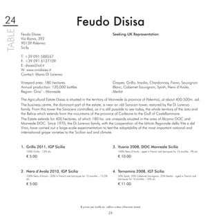 24                                                   Feudo Disisa
TABLE

        Feudo Disisa                                                                    Seeking UK Representation
        Via Roma, 392
        90139 Palermo
        Sicily

        T: +39 091 588557
        F: +39 091 6127109
        E: disisa@iol.it
        W: www.vinidisisa.it
        Contact: Mario Di Lorenzo

        Vineyard area: 180 hectares                                                     Grapes: Grillo, Insolia, Chardonnay, Fiano, Sauvignon
        Annual production: 120,000 bottles                                              Blanc, Cabernet Sauvignon, Syrah, Nero d’Avola,
        Region: Grisi’ - Monreale                                                       Merlot

        The Agricultural Estate Disisa is situated in the territory of Monreale (a province of Palermo), at about 400-500m. asl.
        The business centre, the dominant part of the estate, is near an old Saracen tower, restored by the Di Lorenzo
        family. From this tower the Saracens controlled, as it is still possible to see today, the whole territory of the Jato and
        the Belice which extends from the mountains of the province of Corleone to the Gulf of Castellammare.
        The Estate extends for 400 hectares, of which 180 ha. are vineyards situated in the area of Alcamo DOC and
        Monreale DOC. Since 1970, the Di Lorenzo family, with the cooperation of the Istituto Regionale della Vite e del
        Vino, have carried out a large-scale experimentation to test the adaptability of the most important national and
        international grape varieties to the Sicilian soil and climate.


        1. Grillo 2011, IGP Sicilia                                                     3. Vuaria 2008, DOC Monreale Sicilia
           100% Grillo - 13% alc.                                                          100% Nero d’Avola - aged in French oak barriques for 14 months - ?% alc.

           € 5.00                                                                          € 10.00



        2. Nero d’Avola 2010, IGP Sicilia                                               4. Tornamira 2008, IGT Sicilia
           100% Nero d’Avola - 20% in French oak barriques for 10 months – 13.5%           50% Syrah, 25% Cabernet Sauvignon, 25% Merlot - aged in French oak
           alc.                                                                            barriques for 14 months - 14% alc.
           € 5.00                                                                          € 11.00




                                                         € prices per bottle ex. cellars unless otherwise stated

                                                                                   24
 