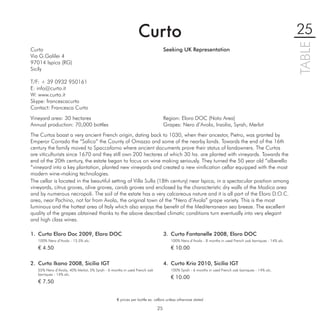 Curto                                                                                       25




                                                                                                                                                          TABLE
Curto                                                                          Seeking UK Representation
Via G.Galilei 4
97014 Ispica (RG)
Sicily

T/F: + 39 0932 950161
E: info@curto.it
W: www.curto.it
Skype: francescacurto
Contact: Francesca Curto
Vineyard area: 30 hectares                                                     Region: Eloro DOC (Noto Area)
Annual production: 70,000 bottles                                              Grapes: Nero d’Avola, Inzolia, Syrah, Merlot
The Curtos boast a very ancient French origin, dating back to 1030, when their ancestor, Pietro, was granted by
Emperor Corrado the “Salico” the County of Omazzo and some of the nearby lands. Towards the end of the 16th
century the family moved to Spaccaforno where ancient documents prove their status of landowners. The Curtos
are viticulturists since 1670 and they still own 200 hectares of which 30 ha. are planted with vineyards. Towards the
end of the 20th century, the estate began to focus on wine making seriously. They turned the 50 year old “alberello
“vineyard into a key plantation, planted new vineyards and created a new viniﬁcation cellar equipped with the most
modern wine-making technologies.
The cellar is located in the beautiful setting of Villa Sulla (18th century) near Ispica, in a spectacular position among
vineyards, citrus groves, olive groves, carob groves and enclosed by the characteristic dry walls of the Modica area
and by numerous necropoli. The soil of the estate has a very calcareous nature and it is all part of the Eloro D.O.C.
area, near Pachino, not far from Avola, the original town of the “Nero d’Avola” grape variety. This is the most
luminous and the hottest area of Italy which also enjoys the beneﬁt of the Mediterranean sea breeze. The excellent
quality of the grapes obtained thanks to the above described climatic conditions turn eventually into very elegant
and high class wines.

1. Curto Eloro Doc 2009, Eloro DOC                                             3. Curto Fontanelle 2008, Eloro DOC
   100% Nero d’Avola - 13.5% alc.                                                  100% Nero d’Avola - 8 months in used French oak barriques - 14% alc.

   € 4.50                                                                          € 10.00

2. Curto Ikano 2008, Sicilia IGT                                               4. Curto Krio 2010, Sicilia IGT
   55% Nero d’Avola, 40% Merlot, 5% Syrah - 6 months in used French oak            100% Syrah - 6 months in used French oak barriques - 14% alc.
   barriques - 14% alc.
                                                                                   € 10.00
   € 7.50


                                                 € prices per bottle ex. cellars unless otherwise stated

                                                                          25
 