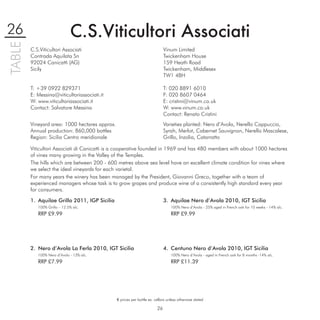 26                           C.S.Viticultori Associati
TABLE

        C.S.Viticultori Associati                                            Vinum Limited
        Contrada Aquilata Sn                                                 Twickenham House
        92024 Canicattì (AG)                                                 159 Heath Road
        Sicily                                                               Twickenham, Middlesex
                                                                             TW1 4BH

        T: +39 0922 829371                                                   T: 020 8891 6010
        E: Messina@viticultoriassociati.it                                   F: 020 8607 0464
        W: www.viticultoriassociati.it                                       E: cristini@vinum.co.uk
        Contact: Salvatore Messina                                           W: www.vinum.co.uk
                                                                             Contact: Renato Cristini
        Vineyard area: 1000 hectares approx.                                 Varieties planted: Nero d’Avola, Nerello Cappuccio,
        Annual production: 860,000 bottles                                   Syrah, Merlot, Cabernet Sauvignon, Nerello Mascalese,
        Region: Sicilia Centro meridionale                                   Grillo, Inzolia, Catarratto

        Viticultori Associati di Canicattì is a cooperative founded in 1969 and has 480 members with about 1000 hectares
        of vines many growing in the Valley of the Temples.
        The hills which are between 200 - 600 metres above sea level have an excellent climate condition for vines where
        we select the ideal vineyards for each varietal.
        For many years the winery has been managed by the President, Giovanni Greco, together with a team of
        experienced managers whose task is to grow grapes and produce wine of a consistently high standard every year
        for consumers.

        1. Aquilae Grillo 2011, IGP Sicilia                                  3. Aquilae Nero d’Avola 2010, IGT Sicilia
           100% Grillo – 12.5% alc.                                              100% Nero d’Avola - 25% aged in French oak for 10 weeks - 14% alc.
           RRP £9.99                                                             RRP £9.99




        2. Nero d’Avola La Ferla 2010, IGT Sicilia                           4. Centuno Nero d’Avola 2010, IGT Sicilia
           100% Nero d’Avola - 13% alc.                                          100% Nero d’Avola - aged in French oak for 8 months -14% alc.
           RRP £7.99                                                             RRP £11.39




                                               € prices per bottle ex. cellars unless otherwise stated

                                                                        26
 