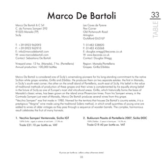 Marco De Bartoli                                                                                     33




                                                                                                                                          TABLE
Marco De Bartoli & C Srl                                                           Les Caves de Pyrene
C. da Fornara Samperi 292                                                          Pew Corner
91025 Marsala (TP)                                                                 Old Portsmouth Road
Sicily                                                                             Artington
                                                                                   Guildford GU3 ILP

T: +39 0923 962093                                                                 T: 01483 538820
F: +39 0923 962910                                                                 F: 01483 455068
E: info@marcodebartoli.com                                                         E: douglas.wregg@lescaves.co.uk
W: www.marcodebartoli.com                                                          W: www.lescaves.co.uk
Contact: Sebastiano De Bartoli                                                     Contact: Douglas Wregg

Vineyard area: 12 ha. (Marsala), 7 ha. (Pantelleria)                               Region: Marsala/Pantelleria
Annual production: 100,000 bottles                                                 Grapes: Grillo/Zibibbo


Marco De Bartoli is considered one of Sicily’s winemaking pioneers for his long-standing commitment to the native
Sicilian white grape varieties, Grillo and Zibibbo. He produces them on two separate estates: the ﬁrst in Marsala,
in Sicily’s south-west corner; the other on the small island of Pantelleria, south-east of Sicily. His belief in the value
of traditional methods of production of these grapes and their wines is complemented by his equally strong belief
in the future of Sicily as one of Europe’s most vital viticultural areas. Grillo, which historically forms the basis of
Marsala’s classic wines, has been grown on the island since Phoenician times. From his Samperi winery, in the
Contrada Samperi just west of Marsala, Marco De Bartoli produces several wines from this grape.
“Vecchio Samperi” was ﬁrst made in 1980. Named for the territory that houses De Bartoli’s country estate, it is a
prestigious “Vergine” wine made using the traditional Solera method, in which small quantities of young wine are
added to wines of older vintages as they pass through a sequence of wooden barrels. The complex, harmonious
result celebrates the fruit of many harvests.

1. Vecchio Samperi Ventennale, Sicilia IGT                                         2. Bukkuram Passito di Pantelleria 2007, Sicilia DOC
   100% Grillo - aged in soleras of oak botti - 17.5% alc.                             100% Zibibbo - 2 years in barriques - 14.5% alc.

   Trade £31.10 per bottle ex. VAT                                                     Trade £19.40 per bottle ex. VAT




                                                     € prices per bottle ex. cellars unless otherwise stated

                                                                              33
 