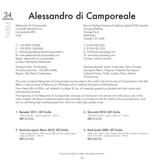 34                   Alessandro di Camporeale
TABLE

        Alessandro di Camporeale                                                           Bianca Trading Company & seeking regional GB importers
        Contrada Mandranova                                                                Grange Building
        Camporeale (PA)                                                                    Grange Farm
        Sicily                                                                             Mollington
                                                                                           Chester CH1 6NP

        T: +39 0924 37038                                                                  T: 01244 851522
        F: +39 0924 1862496                                                                F: 01244 851533
        E: marketing@alessandrodicamporeale.it                                             E: info@biancatrading.com
        W: www.alessandrodicamporeale.com                                                  W: www.biancatrading.com
        Skype: alessandro.di.camporeale                                                    Contact: Juliusz Lisowski
        Contact: Benedetto Alessandro
        Vineyard area: 35 hectares                                                         Varieties planted: Syrah, Catarratto, Nero d’Avola,
        Annual production: 160,000 bottles                                                 Sauvignon Blanc, Viognier, Cabernet Sauvignon,
        Region: Alto Belice Corleonese                                                     Cabernet Franc, Grillo, Inzolia, Fiano, Merlot,
                                                                                           Chardonnay
        The wine-company Alessandro di Camporeale was founded in the small rural community of Camporeale in the Alto
        Belice in the province of Palermo on hill-slopes which overlook the plains of Mandranova.
        From these hills at 400m. asl. bathed in sunlight 35 ha. of vineyards spread out planted with both native and
        international varieties.
        The keystone of the Alessandro di Camporeale company can be found in its precise and meticulous care of the
        vines. Indeed, all these activities are performed manually in accordance with the rhythms of wine-production, and
        aim at cultivating high-quality grapes from which to make high-quality wines.


        1. Benede’ 2011, IGT Sicilia                                                       3. Donnatà 2010, IGT Sicilia
           100% Catarratto – organic production - 13% alc.                                     100% Nero d’Avola - organic production - 14% alc.
           RRP £13.95                                                                          RRP £13.95



        2. Kaid Sauvignon Blanc 2010, IGT Sicilia                                          4. Kaid Syrah 2009, IGT Sicilia
           100% Sauvignon Blanc - 70% acacia & 30% oak for 6 months approx. -                  100% Syrah - 50% in 30 hl. chestnut ‘botti’ & 50% in French and American
           organic production - 13% alc.                                                       oak for 12 months - organic production - 14% alc.
           RRP £14.95                                                                          RRP £20.95




                                                             € prices per bottle ex. cellars unless otherwise stated

                                                                                      34
 
