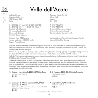 36                                            Valle dellʼAcate
TABLE

        Valle dell’Acate                                                               Thorman Hunt & Co. Ltd
        Contrada Bidini S.N.                                                           4 Pratt Walk
        97011 Acate (RG)                                                               London
        Sicily                                                                         SE11 6AR

        T:+39 0932 874166/+39 (0) 339 4063138                                          T: 0207 735 6511
        F:+39 0932 875114 /+39 (0) 932 1865149                                         F: 0207 735 9799
        E: info@valledellacate.it                                                      E: alistair@thormanhunt.co.uk
        W: www.valledellacate.it                                                       W: www.thormanhunt.co.uk
        Skype: valle.dellacate                                                         Contact: Alastair Llewellyn-Smith
        Contact: Gaetana Jacono
        Vineyard Area: 100 hectares                                                    Varieties planted: Nero d’Avola, Frappato, Syrah,
        Annual production: 450,000 bottles                                             Insolia, Grillo, Chardonnay
        Region: Acate (Ragusa)

        Valle dell’Acate is one of the most enterprising wine producers in Sicily, committed to continuing and enhancing the
        centuries-old tradition of viticulture and wine-making in the renowned triangle of land formed by Acate, Comiso and
        Vittoria in the province of Ragusa.
        The winery was founded by Giuseppe Jacono, whose family has been farming, growing vines and producing wine since
        the days when Vittoria was the main centre for exporting wine to France at the end of the 19th century.
        Valle dell’Acate grows mainly autochthonous vines with special attention to Cerasuolo di Vittoria, Sicily’s ﬁrst and only
        DOCG, and to Frappato Vittoria DOC.
        The estate covers an area of about 100 hectares. The golden yellow terrain has a particular calcareous sandstone
        substrate interbedded with pockets of clay. At night, the soil doesn’t retain the heat that is absorbed during the hottest
        days of the year which, combined with the latitude of Acate, explains the great difference in temperature between day
        and night. These temperature ranges and the nature of the soil give the wines a unique quality and elegant, fresh notes
        that embrace its rich ﬂoral aromas.

        1. Il Moro - Nero d’Avola 2009, IGT Sicilia Rosso                              3. Il Frappato 2011, DOC Vittoria Frappato
           100% Nero d’Avola - 13.5% alc.                                                  100% Frappato - 13% alc.
           € 7.31                                                                          € 5.80



        2. Cerasuolo di Vittoria Classico 2009, DOCG                                   4. Zagra 2011, IGT Sicilia Bianco
           Cerasuolo di Vittoria                                                           100% Grillo - 13.5% alc.
           70% Nero d’Avola, 30% Frappato - Nero d’Avola matured in 500-600 lt.            € 5.60
           tonneaux for 12 months - 13.5% alc.
           € 7.31
                                                         € prices per bottle ex. cellars unless otherwise stated

                                                                                  36
 