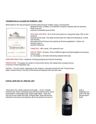 TOURNEFEUILLE LALANDE DE POMEROL, 2002
Well-located on the clay-and-gravel soil that makes the town of Néac unique, and facing the
greatest Pomerol, Château Tournefeuille's vineyard is planted with the Gironde's
finest vines and
produces remarkable wines (Féret)
SOIL AND LOCATION : 50 % of the vines stand on a clay-gravel slope, 50% on the
southerly
exposed gravel slope. This steep hill dominates the valley of the Barbanne, a small
river forming
the borders of the Pomerol and Lalande de Pomerol appellations. Visitors can
therefore enjoy a
beautiful hilltop site.
VARIETALS : 85% merlot, 15% cabernet Franc.
AGE OF VINES : 20 years. Vines of different ages are planted together (a technique
known locally
as «raccotage»), the dead vines being replaced each year.
VINEYARD PRACTICES : traditional, including ploughing and manuel harvesting.
VINIFICATION : The grapes are sorted on arrival at the winery, then destemmed, pressed and put
to ferment in thermoregulated vats.
AGEING : 12 to 24 months, depending on the vintage, in oak stave barrels from the Tronçay forest
(Allier, Central France). One third of the barrels are replaced with new each year.
CHEVAL NOIR 2001 ST. EMILION, 2001
Good clear ruby, clearly maturing at the edge ... hmmm, actually quite a
brownish ruby. Good, interesting nose with some blackcurrants, some hedgerow and
some leather. Fairly elegant legs. Quite a light attack - clean and fresh. Fills well.
Very full on the middle and finish. Powerful after. Quite soft tannins, though there's
still plenty of structure and backbone. Bit of raw alcohol and acid on finish.
 