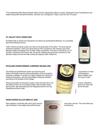 "The outstanding 2004 Shiraz/Viognier (95% and 5% respectively) offers an exotic, flamboyant nose of blackberries and
flowers along with wonderful intensity, richness, fruit, and glycerin. Enjoy it over the next 3-4 years.
ST. HALLET FAITH, SHIRAZ 2004
St Hallett Faith is vibrant and expressive and above all quintessential Barossa. An accessible,
benchmark Barossa Shiraz.
Faith's vibrant yet dense purple hue hints at the generosity of fruit within. The wine derives
exuberant raspberry, cherry and spice flavours from vineyards in the southern part of the
Barossa Valley and pepper from its Eden Valley component. The wine is matured for 12-15
months in American and French oak, the former matching the juicy fruit succulence of the
Barossa Valley fruit and the latter suiting the peppery Eden Valley fruit.
PETALUMA SHAREFARMERS, CABERNET MALBEC 2000
The Petaluma Sharefarmers wines now bear the word `Coonawarra' on their
label as the battle over the precise delineation of the boundaries of Coonawarra
continues unabated. The wine is a highly variable mix centred on Merlot, Malbec and
Cabernet Sauvignon, with the percentages changing markedly from year to year
according to the dictates of the vintage.
Strong red-purple; the bouquet is sweet, clean and ripe with a mix of plum, blackberry
and blackcurrant fruit. An excellent palate, with complex sweet berry fruit, fresh and
flavoursome, with well-balanced and integrated tannins and oak. By far the best
Sharefarmers Red to date.
GRANT BURGE HILLCOT MERLOT, 2005
Ripe raspberry combined with oak to give coconut and cherry aromas. This wine feels very
soft and fleshy on the palate with solid structure and flavours.
 