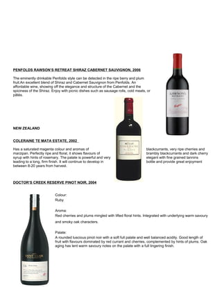 PENFOLDS RAWSON’S RETREAT SHIRAZ CABERNET SAUVIGNON, 2006
The eminently drinkable Penfolds style can be detected in the ripe berry and plum
fruit.An excellent blend of Shiraz and Cabernet Sauvignon from Penfolds. An
affordable wine, showing off the elegance and structure of the Cabernet and the
spiciness of the Shiraz. Enjoy with picnic dishes such as sausage rolls, cold meats, or
pâtés.
NEW ZEALAND
COLERAINE TE MATA ESTATE, 2002
Has a saturated magenta colour and aromas of blackcurrants, very ripe cherries and
marzipan. Perfectly ripe and floral, it shows flavours of brambly blackcurrants and dark cherry
syrup with hints of rosemary. The palate is powerful and very elegant with fine grained tannins
leading to a long, firm finish. It will continue to develop in bottle and provide great enjoyment
between 8-20 years from harvest.
DOCTOR’S CREEK RESERVE PINOT NOIR, 2004
Colour:
Ruby
Aroma:
Red cherries and plums mingled with lifted floral hints. Integrated with underlying warm savoury
and smoky oak characters.
Palate:
A rounded luscious pinot noir with a soft full palate and well balanced acidity. Good length of
fruit with flavours dominated by red currant and cherries, complemented by hints of plums. Oak
aging has lent warm savoury notes on the palate with a full lingering finish.
 