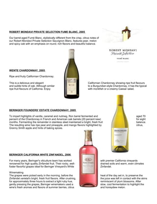 ROBERT MONDAVI PRIVATE SELECTION FUME BLANC, 2005
Our barrel-aged Fumé Blanc, stylistically different from the crisp, citrus notes of
our Robert Mondavi Private Selection Sauvignon Blanc, features pear, melon
and spicy oak with an emphasis on round, rich flavors and beautiful balance.
WENTE CHARDONNAY, 2005
Ripe and fruity Californian Chardonnay.
This is a delicious and elegant Californian Chardonnay showing ripe fruit flavours
and subtle hints of oak. Although similar to a Burgundian-style Chardonnay, it has the typical
ripe fruit flavours of California. Enjoy with monkfish or a creamy Caesar salad.
BERINGER FOUNDERS’ ESTATE CHARDONNAY, 2005
To impart highlights of vanilla, caramel and nutmeg, Ron barrel fermented and aged 70
percent of the Chardonnay in French and American oak barrels (20 percent new) for eight
months. Fermenting the remainder in stainless steel maintained a bright, fresh fruit balance.
The resulting wine has ripe pear and pineapple, and mango flavors highlighted by citrus,
Granny Smith apple and hints of baking spices.
BERINGER CALIFORNIA WHITE ZINFANDEL, 2006
For many years, Beringer's viticulture team has worked with premier California vineyards
renowned for high quality Zinfandel fruit. Their rocky, well- drained soils and warm, even climates
foster flavorful grapes ideal for Beringer Vineyard's White Zinfandel.
Winemaking
The grapes were picked early in the morning, before the heat of the day set in, to preserve the
Zinfandel varietal's bright, fresh fruit flavors. After crushing, the juice was left in contact with the skins
for approximately three hours to extract a light ruby hue, reminiscent of plum blossoms. After
gently pressing the grapes, Beringer winemakers used a slow, cool fermentation to highlight the
wine's fresh aromas and flavors of summer berries, citrus and honeydew melon.
 