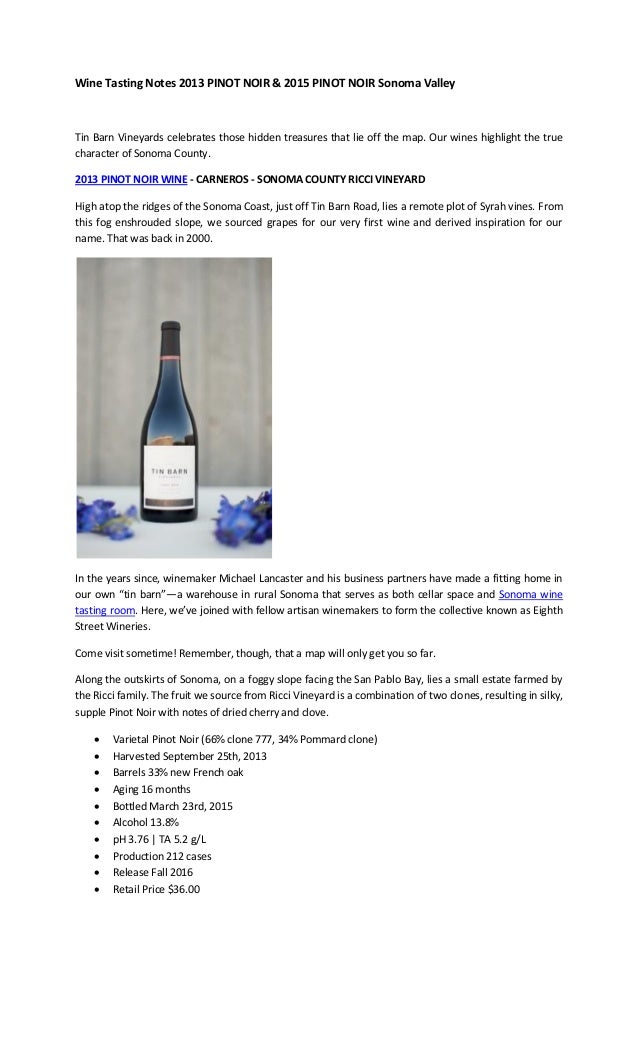 Wine Tasting Notes 2013 Pinot Noir Amp 2015 Pinot Noir Sonoma Valley
