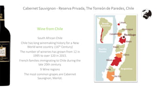 Cabernet Sauvignon - Reserva Privada,TheTorreón de Paredes, Chile
Wine from Chile
South African Chile
Chile has long winemaking history for a New
World wine country. (16th Century)
The number of wineries has grown from 12 in
1995 to over 120 in 2015.
French families immigrating to Chile during the
late 20th century.
9 Wine regions
The most common grapes are Cabernet
Sauvignon, Merlot.
 