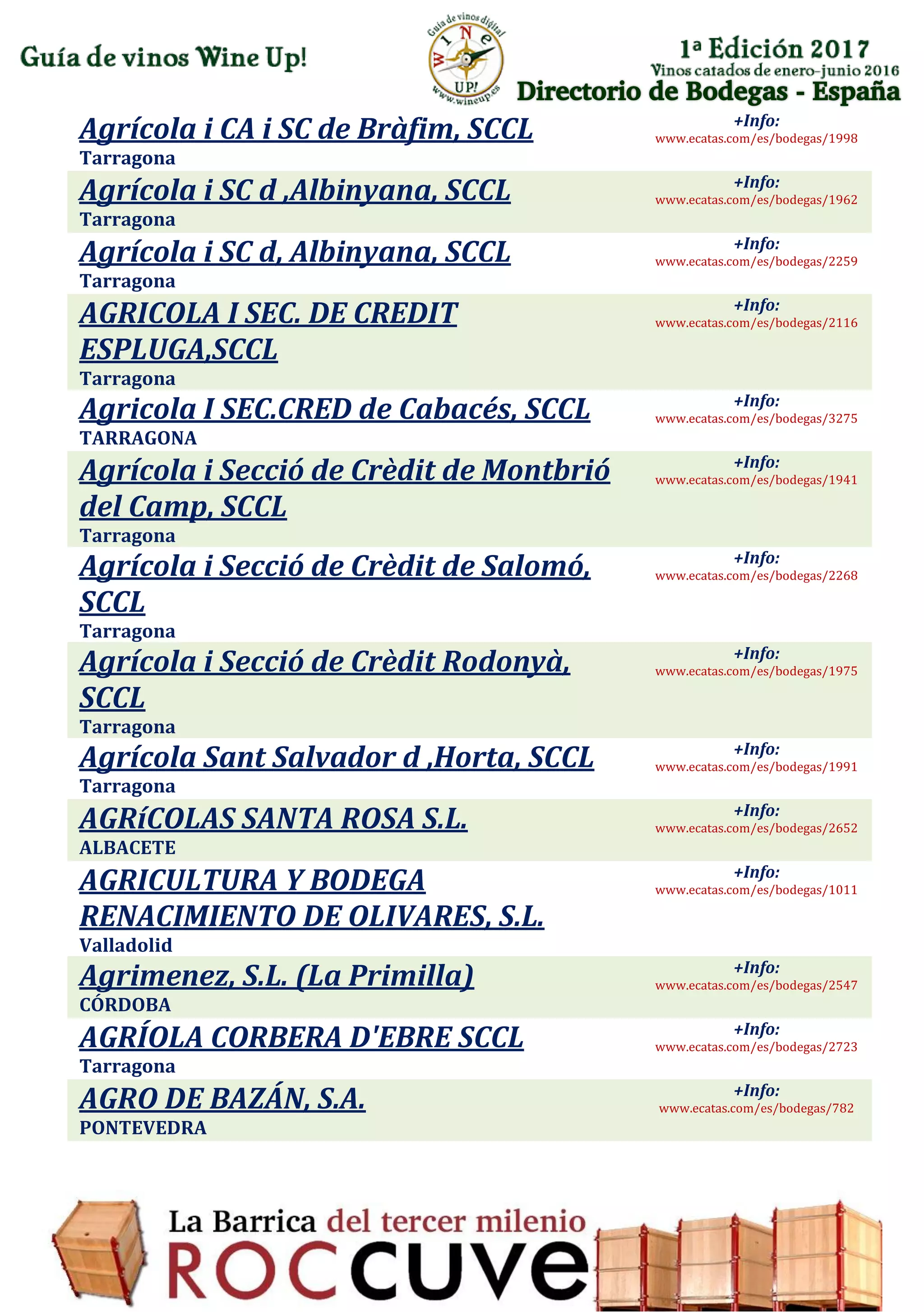 Directorio de Bodegas - España
Agrícola i CA i SC de Bràfim, SCCL
Tarragona
+Info:
www.ecatas.com/es/bodegas/1998
Agrícola i SC d ,Albinyana, SCCL
Tarragona
+Info:
www.ecatas.com/es/bodegas/1962
Agrícola i SC d, Albinyana, SCCL
Tarragona
+Info:
www.ecatas.com/es/bodegas/2259
AGRICOLA I SEC. DE CREDIT
ESPLUGA,SCCL
Tarragona
+Info:
www.ecatas.com/es/bodegas/2116
Agricola I SEC.CRED de Cabacés, SCCL
TARRAGONA
+Info:
www.ecatas.com/es/bodegas/3275
Agrícola i Secció de Crèdit de Montbrió
del Camp, SCCL
Tarragona
+Info:
www.ecatas.com/es/bodegas/1941
Agrícola i Secció de Crèdit de Salomó,
SCCL
Tarragona
+Info:
www.ecatas.com/es/bodegas/2268
Agrícola i Secció de Crèdit Rodonyà,
SCCL
Tarragona
+Info:
www.ecatas.com/es/bodegas/1975
Agrícola Sant Salvador d ,Horta, SCCL
Tarragona
+Info:
www.ecatas.com/es/bodegas/1991
AGRíCOLAS SANTA ROSA S.L.
ALBACETE
+Info:
www.ecatas.com/es/bodegas/2652
AGRICULTURA Y BODEGA
RENACIMIENTO DE OLIVARES, S.L.
Valladolid
+Info:
www.ecatas.com/es/bodegas/1011
Agrimenez, S.L. (La Primilla)
CÓRDOBA
+Info:
www.ecatas.com/es/bodegas/2547
AGRÍOLA CORBERA D'EBRE SCCL
Tarragona
+Info:
www.ecatas.com/es/bodegas/2723
AGRO DE BAZÁN, S.A.
PONTEVEDRA
+Info:
www.ecatas.com/es/bodegas/782
 