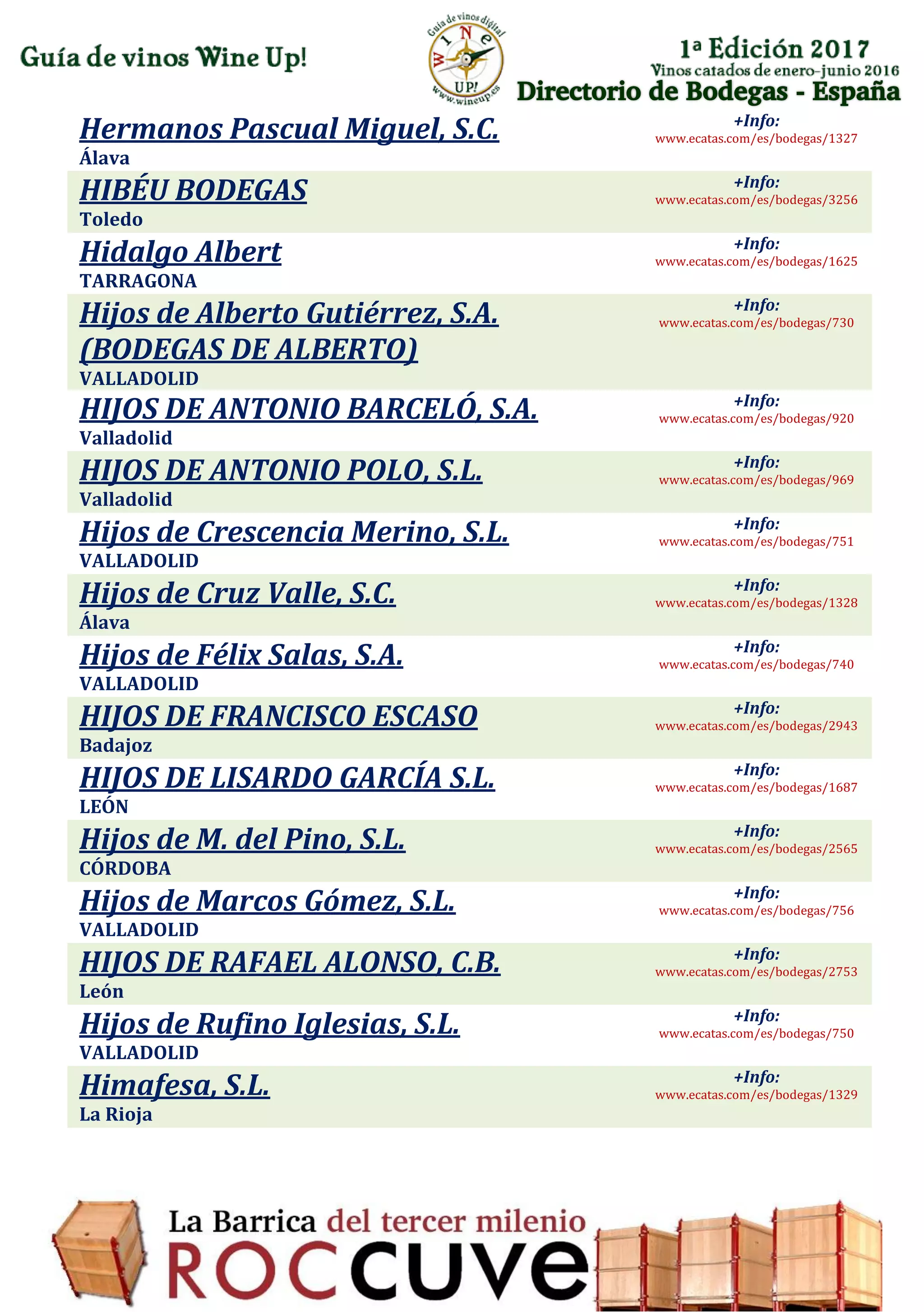 Directorio de Bodegas - España
Hermanos Pascual Miguel, S.C.
Álava
+Info:
www.ecatas.com/es/bodegas/1327
HIBÉU BODEGAS
Toledo
+Info:
www.ecatas.com/es/bodegas/3256
Hidalgo Albert
TARRAGONA
+Info:
www.ecatas.com/es/bodegas/1625
Hijos de Alberto Gutiérrez, S.A.
(BODEGAS DE ALBERTO)
VALLADOLID
+Info:
www.ecatas.com/es/bodegas/730
HIJOS DE ANTONIO BARCELÓ, S.A.
Valladolid
+Info:
www.ecatas.com/es/bodegas/920
HIJOS DE ANTONIO POLO, S.L.
Valladolid
+Info:
www.ecatas.com/es/bodegas/969
Hijos de Crescencia Merino, S.L.
VALLADOLID
+Info:
www.ecatas.com/es/bodegas/751
Hijos de Cruz Valle, S.C.
Álava
+Info:
www.ecatas.com/es/bodegas/1328
Hijos de Félix Salas, S.A.
VALLADOLID
+Info:
www.ecatas.com/es/bodegas/740
HIJOS DE FRANCISCO ESCASO
Badajoz
+Info:
www.ecatas.com/es/bodegas/2943
HIJOS DE LISARDO GARCÍA S.L.
LEÓN
+Info:
www.ecatas.com/es/bodegas/1687
Hijos de M. del Pino, S.L.
CÓRDOBA
+Info:
www.ecatas.com/es/bodegas/2565
Hijos de Marcos Gómez, S.L.
VALLADOLID
+Info:
www.ecatas.com/es/bodegas/756
HIJOS DE RAFAEL ALONSO, C.B.
León
+Info:
www.ecatas.com/es/bodegas/2753
Hijos de Rufino Iglesias, S.L.
VALLADOLID
+Info:
www.ecatas.com/es/bodegas/750
Himafesa, S.L.
La Rioja
+Info:
www.ecatas.com/es/bodegas/1329
 
