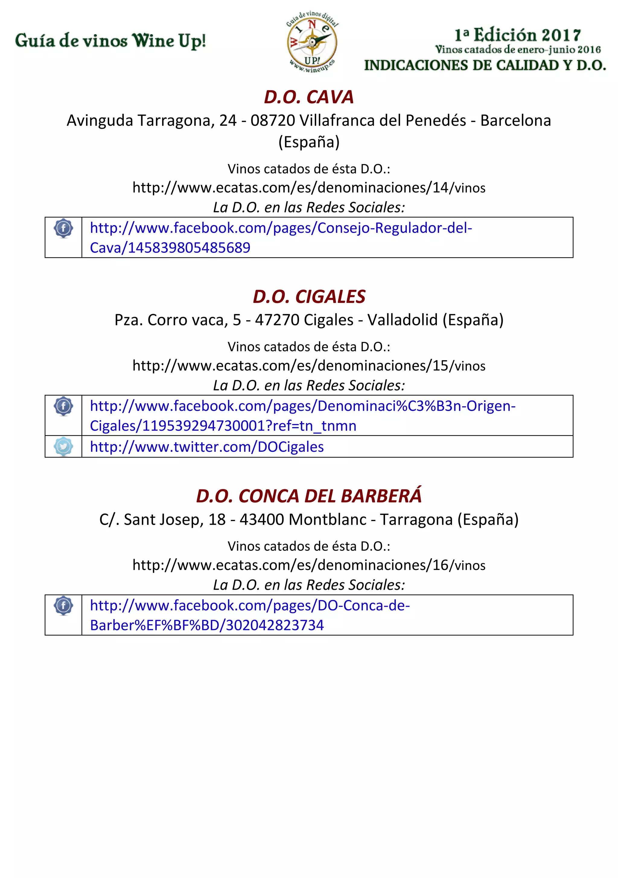 INDICACIONES DE CALIDAD Y D.O.
D.O. CAVA
Avinguda Tarragona, 24 - 08720 Villafranca del Penedés - Barcelona
(España)
Vinos catados de ésta D.O.:
http://www.ecatas.com/es/denominaciones/14/vinos
La D.O. en las Redes Sociales:
http://www.facebook.com/pages/Consejo-Regulador-del-
Cava/145839805485689
D.O. CIGALES
Pza. Corro vaca, 5 - 47270 Cigales - Valladolid (España)
Vinos catados de ésta D.O.:
http://www.ecatas.com/es/denominaciones/15/vinos
La D.O. en las Redes Sociales:
http://www.facebook.com/pages/Denominaci%C3%B3n-Origen-
Cigales/119539294730001?ref=tn_tnmn
http://www.twitter.com/DOCigales
D.O. CONCA DEL BARBERÁ
C/. Sant Josep, 18 - 43400 Montblanc - Tarragona (España)
Vinos catados de ésta D.O.:
http://www.ecatas.com/es/denominaciones/16/vinos
La D.O. en las Redes Sociales:
http://www.facebook.com/pages/DO-Conca-de-
Barber%EF%BF%BD/302042823734
 