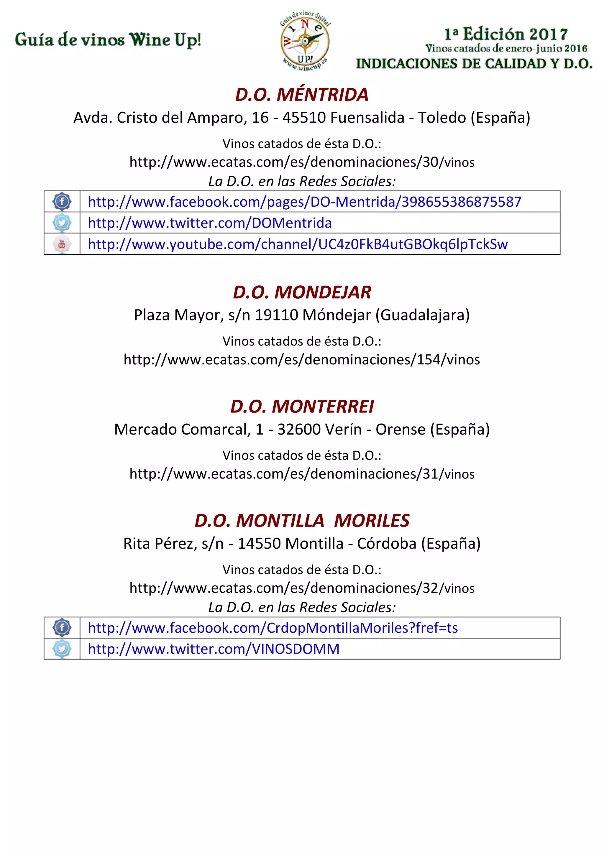 INDICACIONES DE CALIDAD Y D.O.
D.O. MÉNTRIDA
Avda. Cristo del Amparo, 16 - 45510 Fuensalida - Toledo (España)
Vinos catados de ésta D.O.:
http://www.ecatas.com/es/denominaciones/30/vinos
La D.O. en las Redes Sociales:
http://www.facebook.com/pages/DO-Mentrida/398655386875587
http://www.twitter.com/DOMentrida
http://www.youtube.com/channel/UC4z0FkB4utGBOkq6lpTckSw
D.O. MONDEJAR
Plaza Mayor, s/n 19110 Móndejar (Guadalajara)
Vinos catados de ésta D.O.:
http://www.ecatas.com/es/denominaciones/154/vinos
D.O. MONTERREI
Mercado Comarcal, 1 - 32600 Verín - Orense (España)
Vinos catados de ésta D.O.:
http://www.ecatas.com/es/denominaciones/31/vinos
D.O. MONTILLA MORILES
Rita Pérez, s/n - 14550 Montilla - Córdoba (España)
Vinos catados de ésta D.O.:
http://www.ecatas.com/es/denominaciones/32/vinos
La D.O. en las Redes Sociales:
http://www.facebook.com/CrdopMontillaMoriles?fref=ts
http://www.twitter.com/VINOSDOMM
 