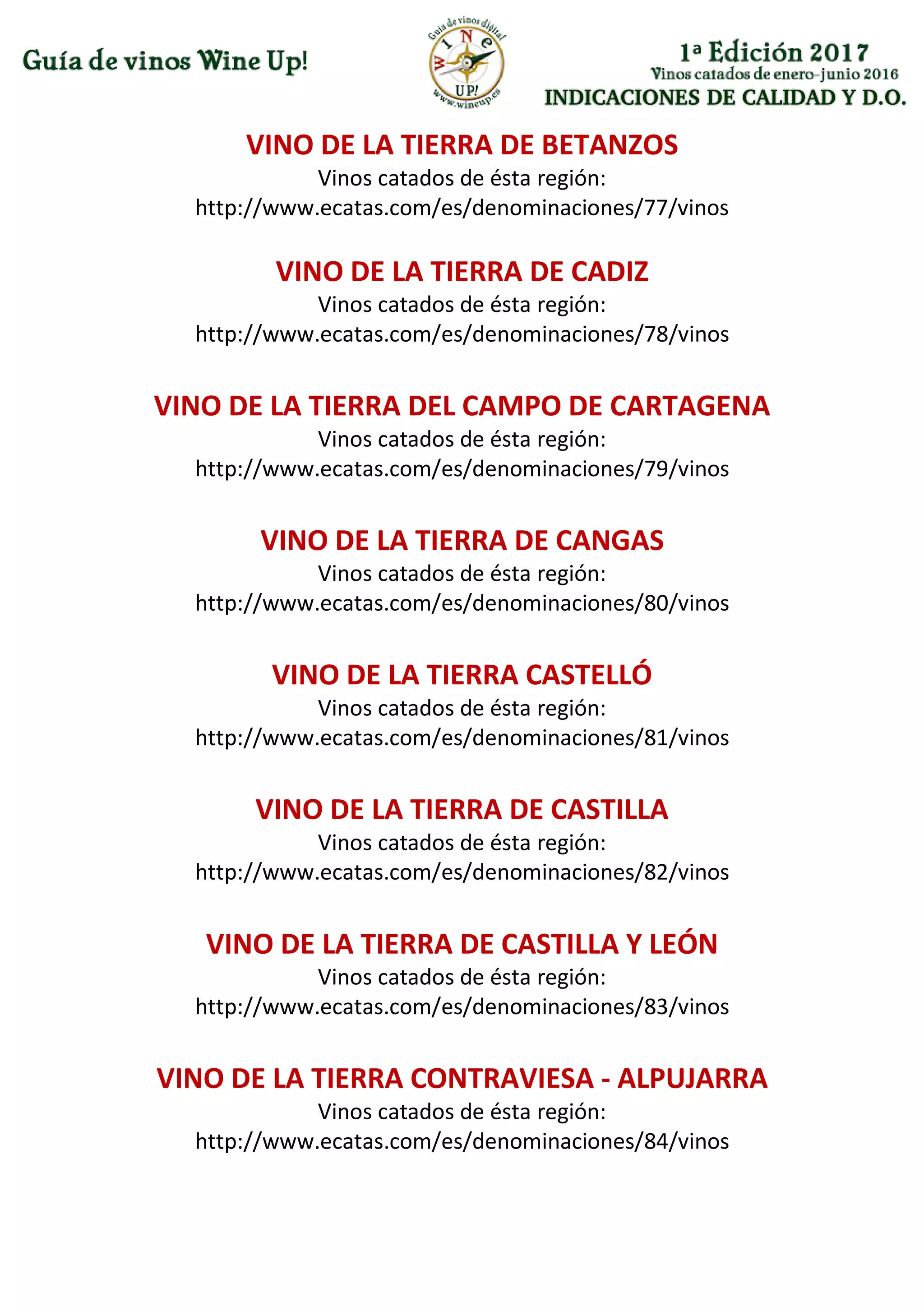 INDICACIONES DE CALIDAD Y D.O.
VINO DE LA TIERRA DE BETANZOS
Vinos catados de ésta región:
http://www.ecatas.com/es/denominaciones/77/vinos
VINO DE LA TIERRA DE CADIZ
Vinos catados de ésta región:
http://www.ecatas.com/es/denominaciones/78/vinos
VINO DE LA TIERRA DEL CAMPO DE CARTAGENA
Vinos catados de ésta región:
http://www.ecatas.com/es/denominaciones/79/vinos
VINO DE LA TIERRA DE CANGAS
Vinos catados de ésta región:
http://www.ecatas.com/es/denominaciones/80/vinos
VINO DE LA TIERRA CASTELLÓ
Vinos catados de ésta región:
http://www.ecatas.com/es/denominaciones/81/vinos
VINO DE LA TIERRA DE CASTILLA
Vinos catados de ésta región:
http://www.ecatas.com/es/denominaciones/82/vinos
VINO DE LA TIERRA DE CASTILLA Y LEÓN
Vinos catados de ésta región:
http://www.ecatas.com/es/denominaciones/83/vinos
VINO DE LA TIERRA CONTRAVIESA - ALPUJARRA
Vinos catados de ésta región:
http://www.ecatas.com/es/denominaciones/84/vinos
 