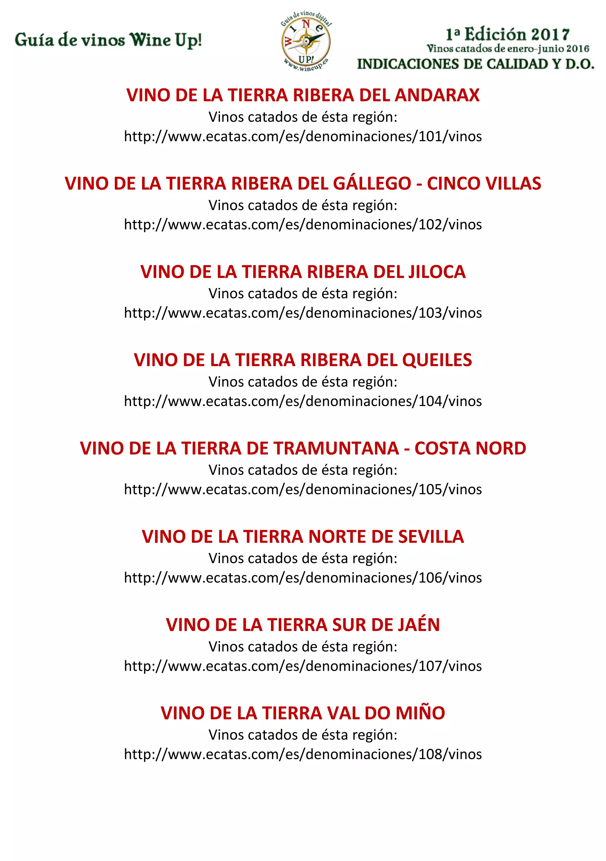 INDICACIONES DE CALIDAD Y D.O.
VINO DE LA TIERRA RIBERA DEL ANDARAX
Vinos catados de ésta región:
http://www.ecatas.com/es/denominaciones/101/vinos
VINO DE LA TIERRA RIBERA DEL GÁLLEGO - CINCO VILLAS
Vinos catados de ésta región:
http://www.ecatas.com/es/denominaciones/102/vinos
VINO DE LA TIERRA RIBERA DEL JILOCA
Vinos catados de ésta región:
http://www.ecatas.com/es/denominaciones/103/vinos
VINO DE LA TIERRA RIBERA DEL QUEILES
Vinos catados de ésta región:
http://www.ecatas.com/es/denominaciones/104/vinos
VINO DE LA TIERRA DE TRAMUNTANA - COSTA NORD
Vinos catados de ésta región:
http://www.ecatas.com/es/denominaciones/105/vinos
VINO DE LA TIERRA NORTE DE SEVILLA
Vinos catados de ésta región:
http://www.ecatas.com/es/denominaciones/106/vinos
VINO DE LA TIERRA SUR DE JAÉN
Vinos catados de ésta región:
http://www.ecatas.com/es/denominaciones/107/vinos
VINO DE LA TIERRA VAL DO MIÑO
Vinos catados de ésta región:
http://www.ecatas.com/es/denominaciones/108/vinos
 