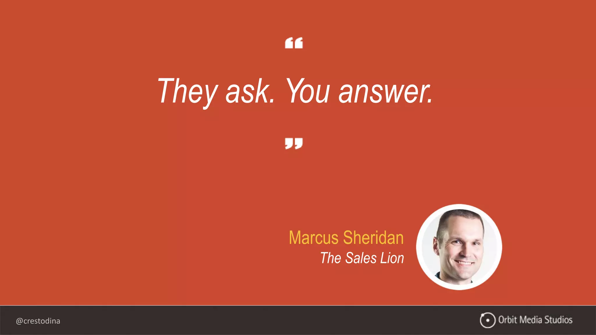 @crestodina
They ask. You answer.
Marcus Sheridan
The Sales Lion
 