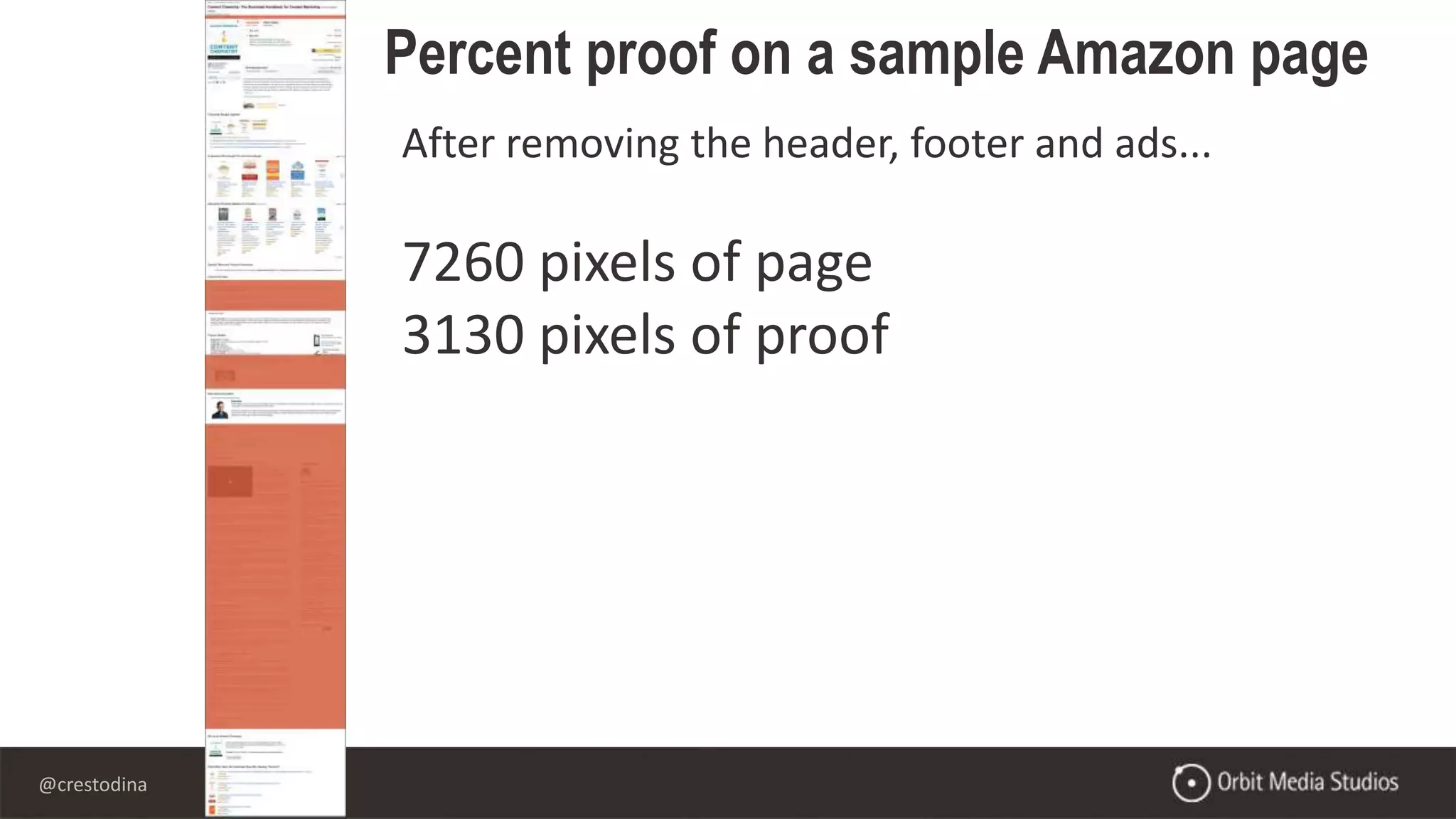 @crestodina
Percent proof on a sample Amazon page
After removing the header, footer and ads...
7260 pixels of page
3130 pixels of proof
 