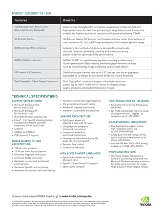 NVIDIA® QUADRO® FX 1800

    Features                                                           Benefits
    768 MB GDDR3 GpU Memory with                                       Delivers high throughput for interactive visualization of large models and
    Ultra-Fast Memory Bandwidth                                        high-performance for real time processing of large textures and frames and
                                                                       enables the highest quality and resolution full-scene antialiasing (FSAA).

    30-Bit Color Fidelity                                              30-Bit color fidelity (10 bits per color) enables billions rather than millions of
                                                                       color variations for rich, vivid image quality with the broadest dynamic range.

    NVIDIA Unified GPU Architecture                                    Industry’s first unified architecture designed to dynamically
                                                                       allocate compute, geometry, shading and pixel processing
                                                                       power to deliver optimized GPU performance.

    NVIDIA CUDA Architecture                                           NVIDIA® CUDA™ is a revolutionary parallel computing architecture for
                                                                       Quadro professional GpUs enabling breakthrough performance in areas
                                                                       such as video encoding, image processing, and accurate physics.

    pCI Express 2.0 Compliant                                          Doubles the data transfer rate up to 5 GT/sec per lane for an aggregate
                                                                       bandwidth of 16 GB/sec bi-directional (8 GB/sec in each direction).

    Dual Displayport Digital Display Connectors                        Dual Displayport connectors support ultra-high-resolution
                                                                       panels (up to 2560 x 1600), which results in amazing image
                                                                       quality producing detailed photorealistic images.


TECHNICAL SPECIFICATIONS
sUPPorteD PLatForMs                                                >   Hardware-accelerated clipping planes                              HIgH-resoLUtIon antIaLIasIng
> Microsoft windows Vista                                          >   3rd-generation occlusion culling                                  > Rotated Grid Full-Scene Antialiasing
  (64-bit and 32-bit)                                              >   window ID clipping functionality                                    (RG FSAA)
> Microsoft windows XP                                             >   Hardware-accelerated line stippling                               > 32x FSAA dramatically reduces visual
  (64-bit and 32-bit)                                                                                                                      aliasing artifacts or “jaggies” at
> Microsoft windows 2000 (32-bit)                                  sHaDIng arCHIteCtUre                                                    resolution up to 1920 x 1200
> Linux® - Full OpenGL implementation,                             > Full Shader Model 4.0
  complete with NVIDIA and ARB                                       (OpenGL 3.0/DirectX 10 class)                                       DIsPLaY resoLUtIon sUPPort
  extensions (64-bit and 32-bit)                                   > Long fragment programs                                              > Dual DisplayPort support—ultra-
> Solaris®                                                           (unlimited instructions)                                              high resolution panels (up
> AMD64, Intel EM64T                                               > Long vertex programs                                                  to 2560 x 1600 @60Hz)
> PCI Express 2.0 Support                                            (unlimited instructions)                                            > Single dual-link DVI-I output drives
                                                                   > Looping and subroutines (up to 256                                    digital displays at resolutions up to
nvIDIa QUaDro FX 1800                                                loops per vertex program)                                             2560 x 1600 @ 60Hz
arCHIteCtUre                                                       > Dynamic flow control                                                > Internal 400 MHz DACs—One analog
                                                                                                                                           display up to 2048 x 1536 @ 85Hz
> 128-bit color precision                                          > Conditional execution
> 10-bit per color display pipeline                                                                                                      nvIeW arCHIteCtUre
> Unlimited fragment instruction                                   HIgH LeveL sHaDer LangUages
                                                                                                                                         > The nView Display Management
> Unlimited vertex instruction                                     > Optimized compiler for Cg and
                                                                                                                                           Software, seamlessly integrated into
> Hardware-accelerated, antialiased                                  Microsoft HLSL
                                                                                                                                           Microsoft windows, delivers maximum
  points & lines                                                   > OpenGL 3.0 and DirectX 10 support                                     flexibility and productivity for single
> Hardware OpenGL overlay planes                                   > Open source compiler                                                  large display or multi-display setups
> Hardware-accelerated, two-sided lighting




To learn more about NVIDIA Quadro, go to www.nvidia.com/quadro
© 2009 NVIDIA Corporation. All rights reserved. NVIDIA, the NVIDIA logo, NVIDIA Quadro, CUDA, and SLI are trademarks and/or registered
trademarks of NVIDIA Corporation. All company and product names are trademarks or registered trademarks of the respective owners
with which they are associated. Features, pricing, availability, and specifications are all subject to change without notice.
 
