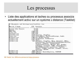 Les processus
• Liste des applications et taches ou processus associés
actuellement activé sur un système à distance (Tasklist)

NB: Tasklist /svc :Affiche les services de chaque processus.

 