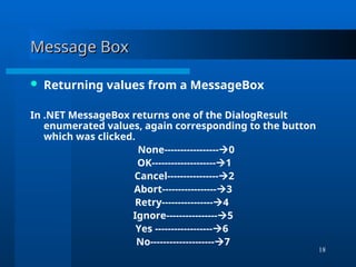 18
Message Box
Message Box
 Returning values from a MessageBox
In .NET MessageBox returns one of the DialogResult
enumerated values, again corresponding to the button
which was clicked.
None-----------------0
OK--------------------1
Cancel----------------2
Abort-----------------3
Retry----------------4
Ignore----------------5
Yes ------------------6
No--------------------7
 
