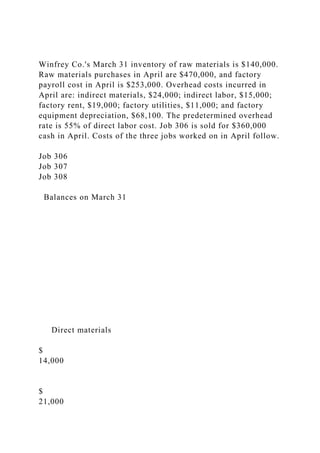 Winfrey Co.'s March 31 inventory of raw materials is $140,000.
Raw materials purchases in April are $470,000, and factory
payroll cost in April is $253,000. Overhead costs incurred in
April are: indirect materials, $24,000; indirect labor, $15,000;
factory rent, $19,000; factory utilities, $11,000; and factory
equipment depreciation, $68,100. The predetermined overhead
rate is 55% of direct labor cost. Job 306 is sold for $360,000
cash in April. Costs of the three jobs worked on in April follow.
Job 306
Job 307
Job 308
Balances on March 31
Direct materials
$
14,000
$
21,000
 