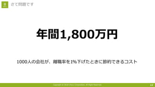 Copyright © 2018 Uhuru Corporation, All Right Reserved. 12
さて問題です
年間1,800万円
1000⼈の会社が、離職率を1%下げたときに節約できるコスト
 
