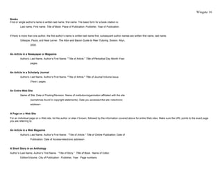 Wingate 16

Books
First or single author's name is written last name, first name. The basic form for a book citation is:
         Last name, First name. Title of Book. Place of Publication: Publisher, Year of Publication.


If there is more than one author, the first author’s name is written last name first; subsequent author names are written first name, last name.
         Gillespie, Paula, and Neal Lerner. The Allyn and Bacon Guide to Peer Tutoring. Boston: Allyn,
                  2000.


An Article in a Newspaper or Magazine
         Author’s Last Name, Author’s First Name. "Title of Article." Title of Periodical Day Month Year:
                  pages.


An Article in a Scholarly Journal
         Author’s Last Name, Author’s First Name. "Title of Article." Title of Journal Volume.Issue
                  (Year): pages.


An Entire Web Site
         Name of Site. Date of Posting/Revision. Name of institution/organization affiliated with the site
                  (sometimes found in copyright statements). Date you accessed the site <electronic
                  address>.


A Page on a Web Site
For an individual page on a Web site, list the author or alias if known, followed by the information covered above for entire Web sites. Make sure the URL points to the exact page
you are referring to.


An Article in a Web Magazine
         Author’s Last Name, Author’s First Name . "Title of Article." Title of Online Publication. Date of
                  Publication. Date of Access<electronic address>.


A Short Story in an Anthology
Author’s Last Name, Author’s First Name. “Title of Story.” Title of Book. Name of Editor.
         Edition/Volume. City of Publication: Publisher, Year. Page numbers.
 