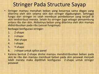 Stringer Pada Structure Sayap
• Stringer mampu menahan beban yang besarnya sama degan yang
diterima oleh skin selama skin dan stringer digabungkan. Sehingga
fungsi dari stringer ini ialah membuat pembebanan yang terjadi di
skin terdistribusi merata. Selain itu stringer juga sebagai penyambung
antara ribs dan skin. Akibatnya beban yang diterima oleh skin mampu
didistribusikan pada ribs (sesuai fungsinya).
Berbagai konfigurasi stringer:
1. Z-shape
2. J-shape
3. Hat-shape
4. I-shape
5. Y-shape
6. J-shape untuk splice panel
• Karena bentuk Z-shape dinilai mampu mendistribusikan beban pada
skin ke ribs dan mampu membuat beban pada skin pesawat menjadi
lebih merata maka dipilihlah konfigurasi Z-shape untuk stringer
pesawat

 