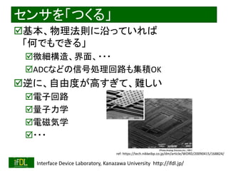 2018/8/26 Interface Device Laboratory, Kanazawa University http://ifdl.jp/
センサを「つくる」
基本、物理法則に沿っていれば
「何でもできる」
微細構造、界面、・・・
ADCなどの信号処理回路も集積OK
逆に、自由度が高すぎて、難しい
電子回路
量子力学
電磁気学
・・・
ref: https://tech.nikkeibp.co.jp/dm/article/WORD/20090415/168824/
 