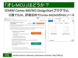 2018/8/26 Interface Device Laboratory, Kanazawa University http://ifdl.jp/
「オレMCU」はどうか？
ARM Cortex-M0/M3 DesignStartプログラム
誰でもOK、評価目的でCortex-M0/M3のHDLソース
 