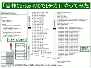 2018/8/26 Interface Device Laboratory, Kanazawa University http://ifdl.jp/
「自作Cortex-M0でLチカ」：やってみた
0: 23a0 movs r3, #160 ; 0xa0
2: 05db lsls r3, r3, #23
4: 4c0b ldr r4, [pc, #44]
6: 4f0c ldr r7, [pc, #48]
8: 2201 movs r2, #1
a: 601a str r2, [r3, #0]
c: 2500 movs r5, #0
e: 6025 str r5, [r4, #0]
10: 2600 movs r6, #0
12: 3601 adds r6, #1
14: 42be cmp r6, r7
16: d1fc bne.n 12 <main+0x12>
18: 3501 adds r5, #1
1a: 2dff cmp r5, #255 ; 0xff
1c: d1f7 bne.n e <main+0xe>
1e: 2200 movs r2, #0
20: 601a str r2, [r3, #0]
22: 25ff movs r5, #255 ; 0xff
24: 2600 movs r6, #0
26: 3601 adds r6, #1
28: 42be cmp r6, r7
2a: d1fc bne.n 26 <main+0x26>
2c: 3d01 subs r5, #1
2e: 2d00 cmp r5, #0
30: d1f8 bne.n 24 <main+0x24>
32: e7e9 b.n 8 <main+0x8>
34: 50000004
38: 0000270f
#define GPIO 0x50000000
#define PWMDUTY 0x50000001
#define WAIT 10000 // 3,000,000=0.3s / 256 -> 10,000
void main()
{
volatile unsigned int w;
volatile unsigned int d;
while(1){
*(volatile unsigned int *)GPIO = 0x0001;
for (d = 0; d < 256; d++){
*(volatile unsigned int *)PWMDUTY = d;
for (w = 0; w < WAIT; w++);
}
*(volatile unsigned int *)GPIO = 0x0000;
for (d = 255; d >= 0; d--){
*(volatile unsigned int *)PWMDUTY = d;
for (w = 0; w < WAIT; w++);
}
}
}
arm-gcc/gas
VerilogHDL
module imem(clk, addr, data2);
input clk;
input [31:0] addr;
output [31:0] data2;
reg [31:0] data, data2;
// 0x00000000 - 0x1fffffff : code (0x00000000-0x000000c0: int.vec.)
// code memory: little-endian (LSB=1st byte / MSB=2nd byte)
wire [31:0] addr2;
assign addr2 = {addr[31:2], 2'b00};
always @(addr2) begin
case (addr2)
32'h00000000 : data <= 32'h0020000; // insital SP
32'h00000004 : data <= 32'h0000101; // reset (bit[0]=T)
32'h00000100 : data <= {16'h05db,16'h23a0};
32'h00000104 : data <= {16'h4f0d,16'h4c0c};
32'h00000108 : data <= {16'h601a,16'h2201};
32'h0000010c : data <= {16'h6025,16'h2500};
32'h00000110 : data <= {16'h3601,16'h2600};
32'h00000114 : data <= {16'hd1fc,16'h42be};
32'h00000118 : data <= {16'h2dff,16'h3501};
32'h0000011c : data <= {16'h2200,16'hd1f7};
32'h00000120 : data <= {16'h25ff,16'h601a};
32'h00000124 : data <= {16'h2600,16'h6025};
32'h00000128 : data <= {16'h42be,16'h3601};
32'h0000012c : data <= {16'h3d01,16'hd1fc};
32'h00000130 : data <= {16'hd1f7,16'h2d00};
32'h00000134 : data <= {16'h0000,16'he7e8};
32'h00000138 : data <= 32'h50000004;
32'h0000013c : data <= 32'd1999;
default: data <= 32'h0;
endcase
end
always @(posedge clk) begin
data2 <= data;
end
endmodule
「Lチカ」＆「Lほわ」
Thumb命令
機械語の
プログラム
 