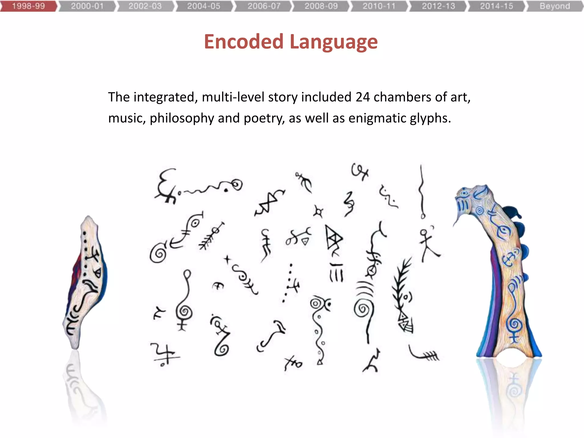 The integrated, multi-level story included 24 chambers of art,
music, philosophy and poetry, as well as enigmatic glyphs.
Encoded Language
 