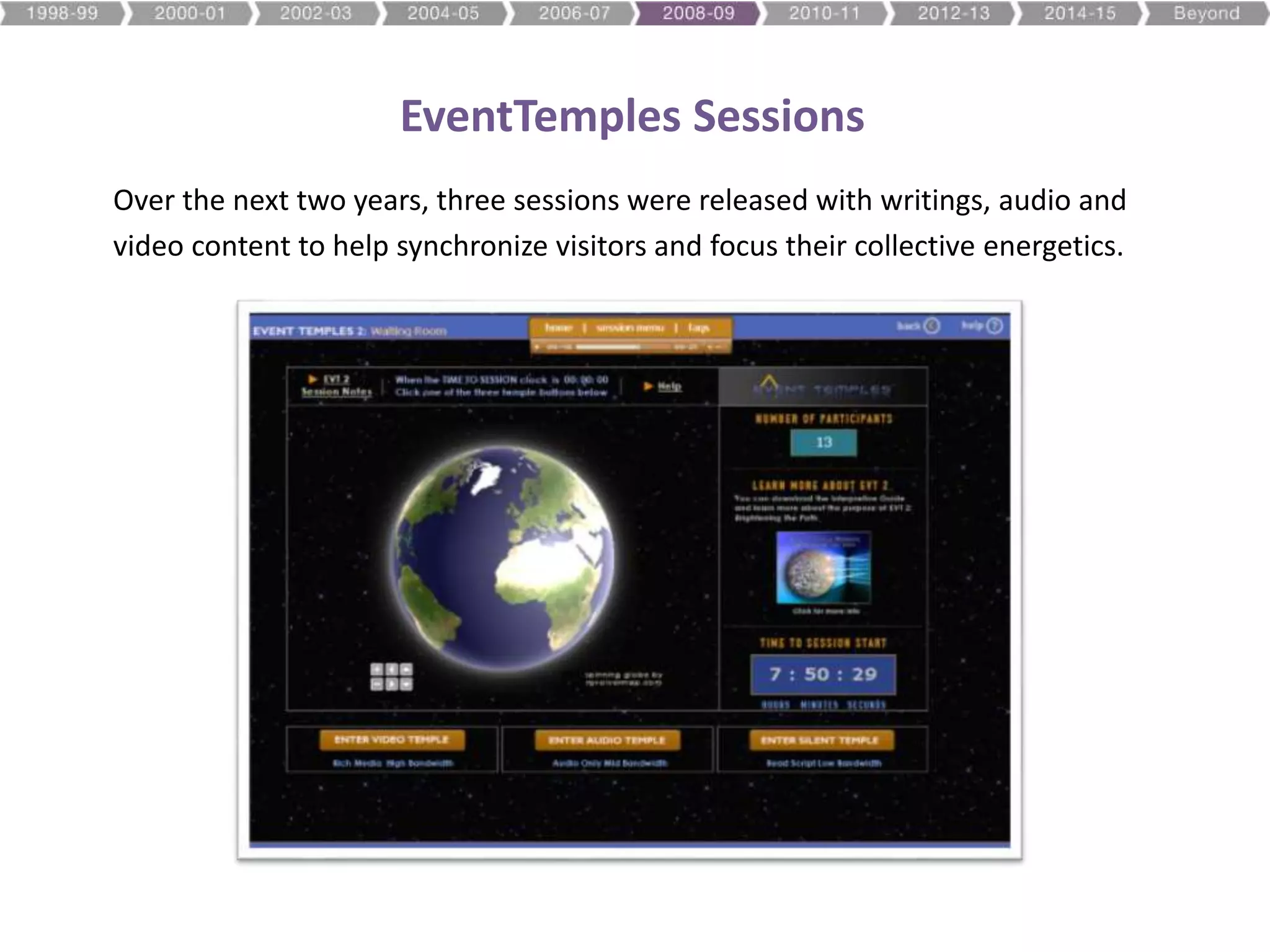 EventTemples Sessions
Over the next two years, three sessions were released with writings, audio and
video content to help synchronize visitors and focus their collective energetics.
 