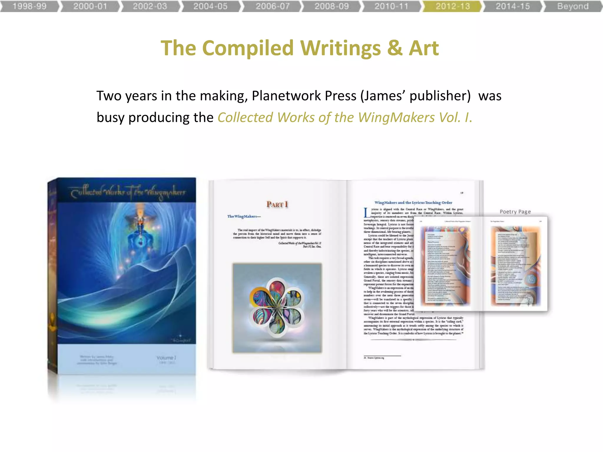 The Compiled Writings & Art
Two years in the making, Planetwork Press (James’ publisher) was
busy producing the Collected Works of the WingMakers Vol. I.
 